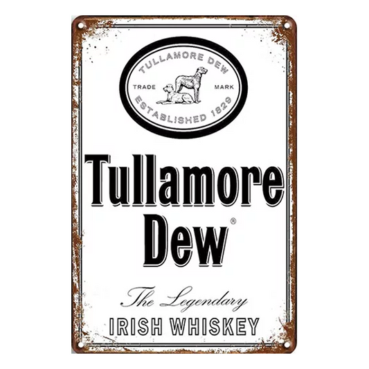 Retro Tullamore Dew Irish Whiskey metal sign featuring the iconic logo and vintage design, perfect for home bars, pubs, or whiskey lovers.