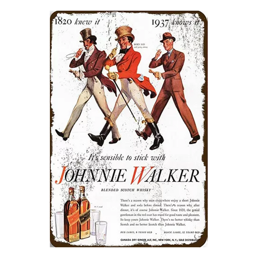 Retro Johnnie Walker Blended Scotch Whisky metal sign featuring the iconic Striding Man and vintage branding, ideal for home bars or whisky lovers.