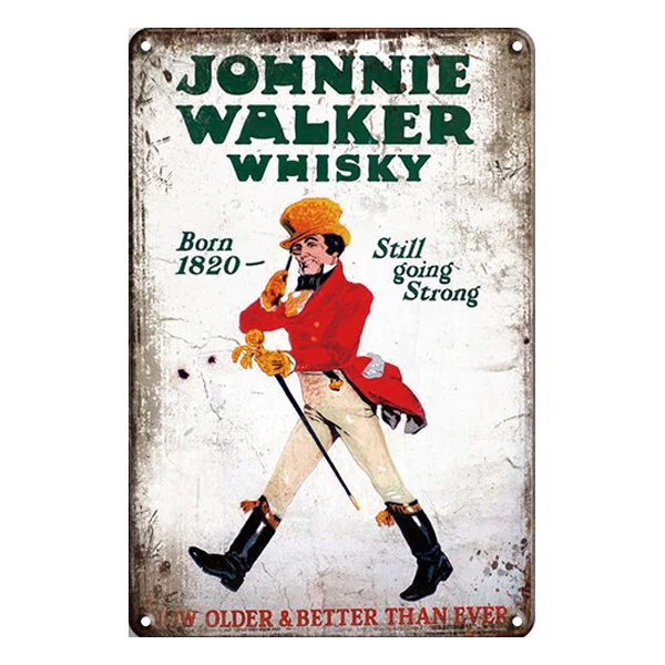 Vintage Johnnie Walker metal sign with the iconic "Striding Man" and "Born 1820 - Still Going Strong" slogan, ideal for home bars or whisky enthusiasts.