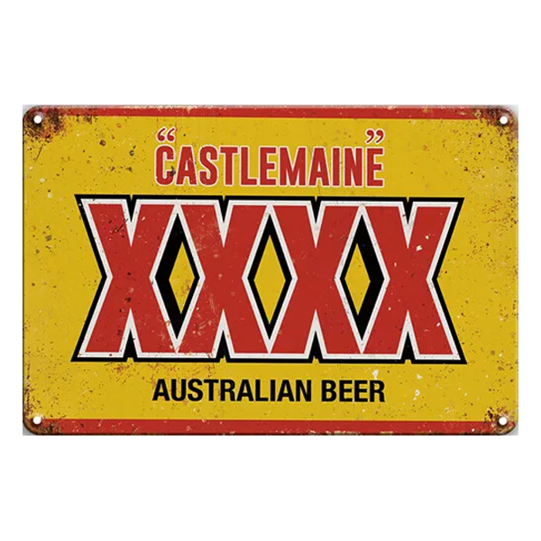 Retro metal sign featuring Castlemaine XXXX Australian Beer branding with a vintage yellow and red design.