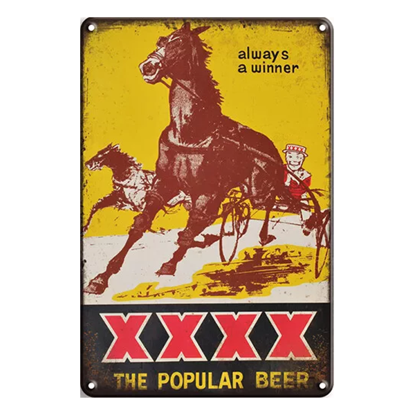 Retro XXXX The Popular Beer sign with horses and the slogan "Always a Winner" in a vintage style, ideal for pubs and bars.