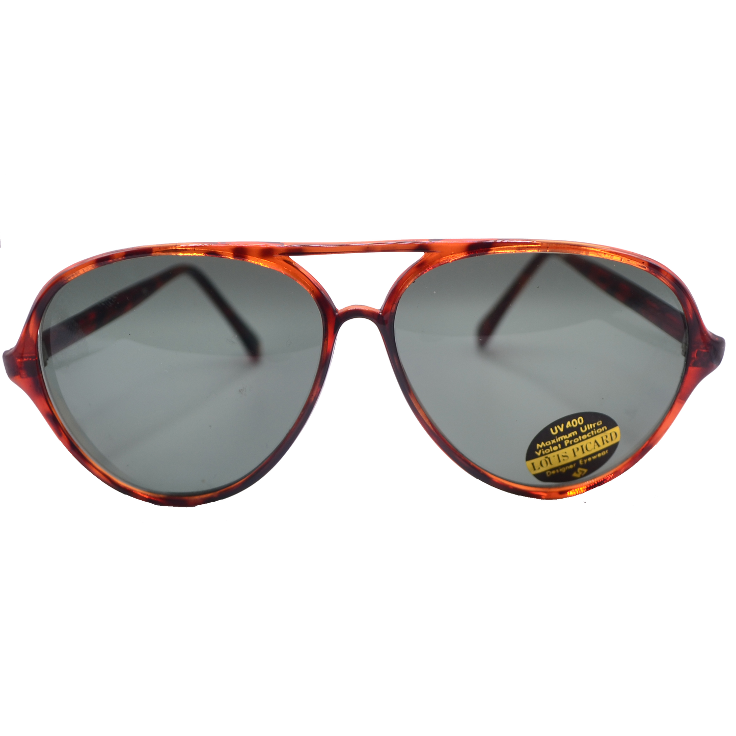 Front view of brown tortoiseshell sunglasses with green lenses, featuring a "UV 400 Protection - Louis Picard" label on the right lens. The sunglasses have a classic design with a prominent double bridge and rounded frames.