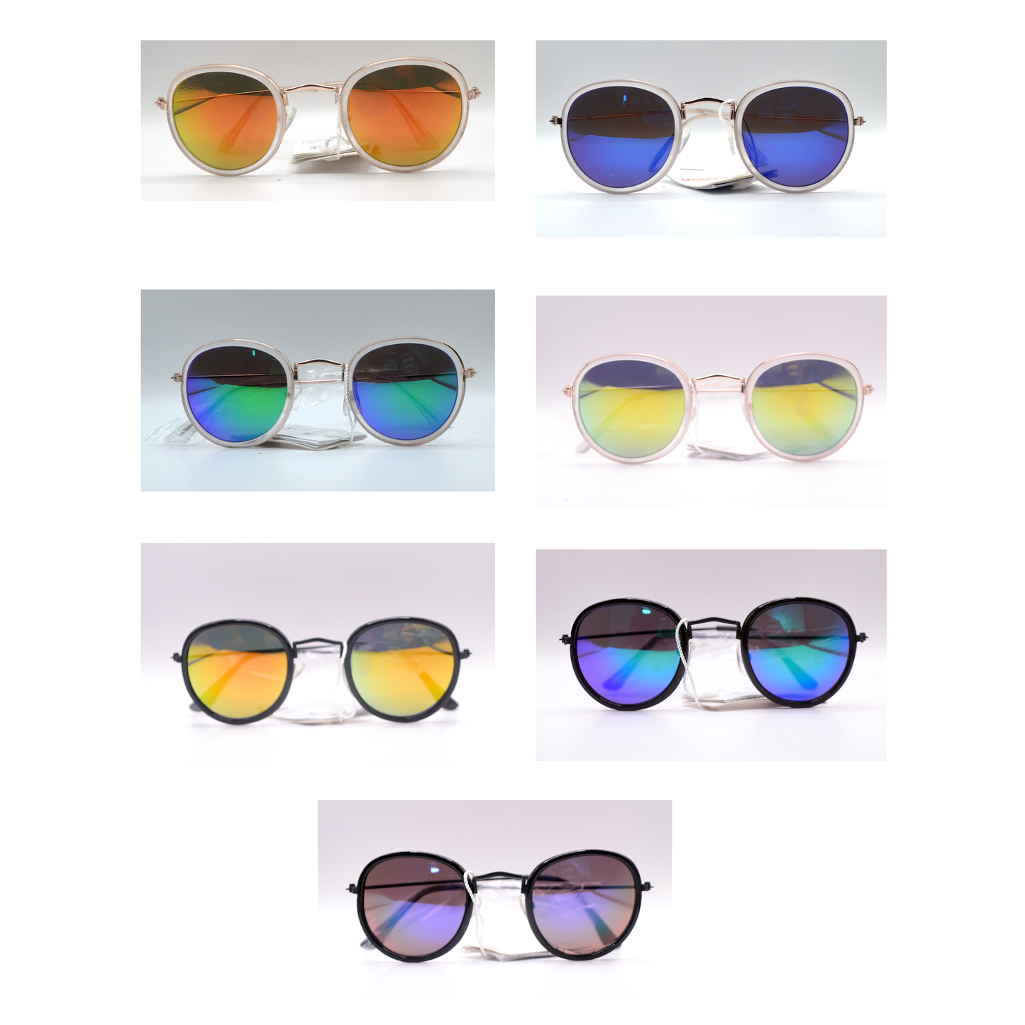 Collage of seven pairs of round sunglasses with reflective lenses in various colours, including orange, blue, green, and yellow, featuring both black and gold metal frames, labeled "Dasoon Vision.