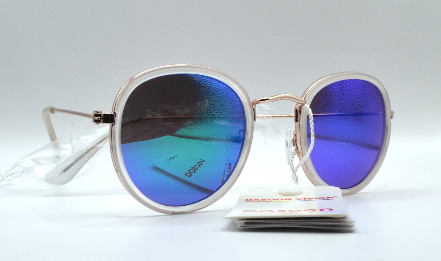 Close-up of round mirrored sunglasses with a rose gold frame and blue-green reflective lenses, labeled "Dasoon Vision" with UV400 protection tag attached.