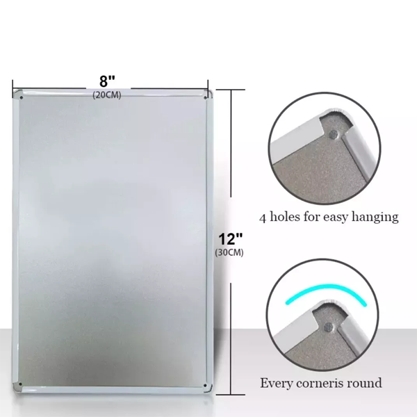 Back view of a metal sign with dimensions labelled as 20cm x 30cm (8" x 12"), featuring four pre-drilled holes for easy hanging and rounded corners for safety.