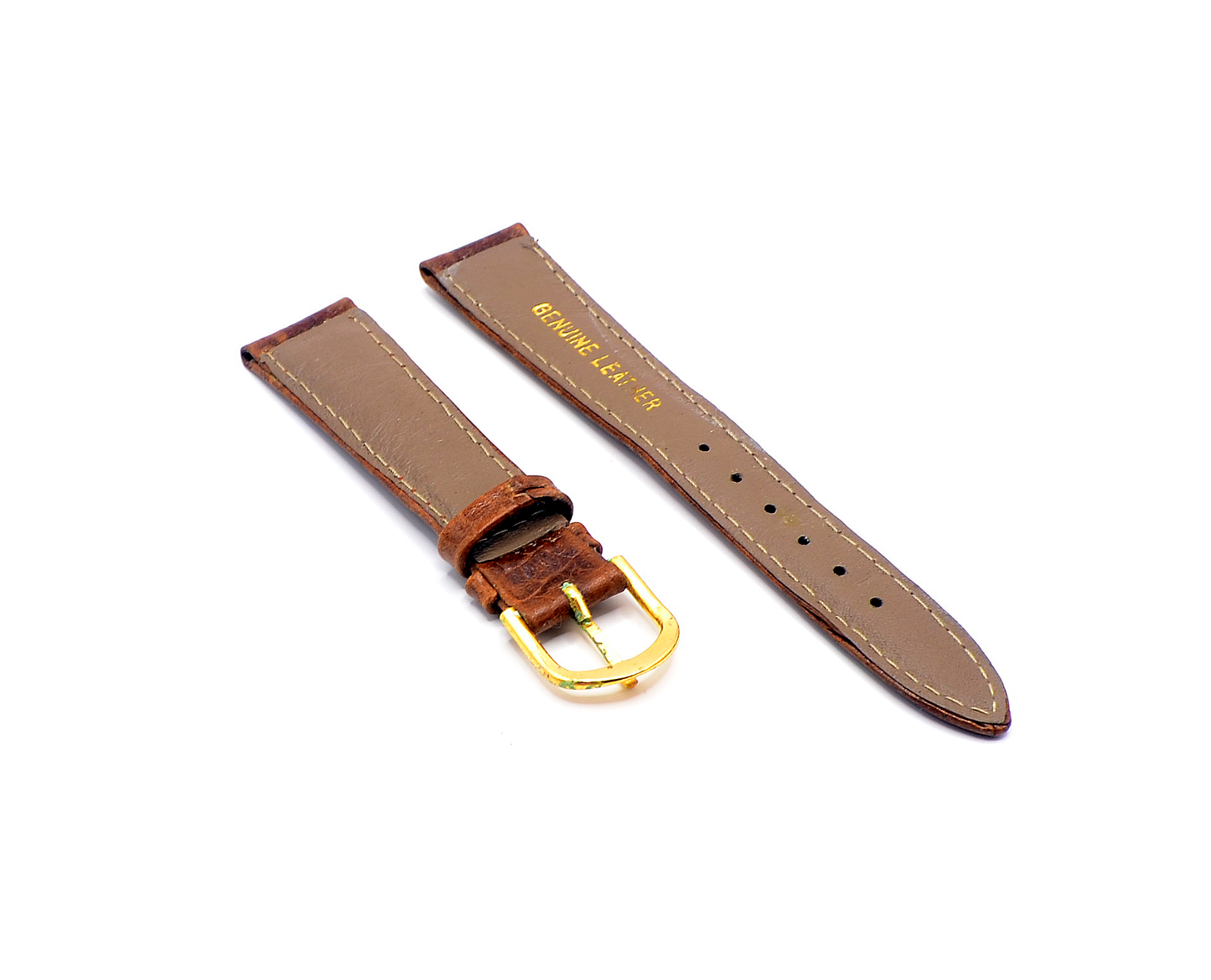 Back view of a brown leather watch strap with "Genuine Leather" text, highlighting the premium material.