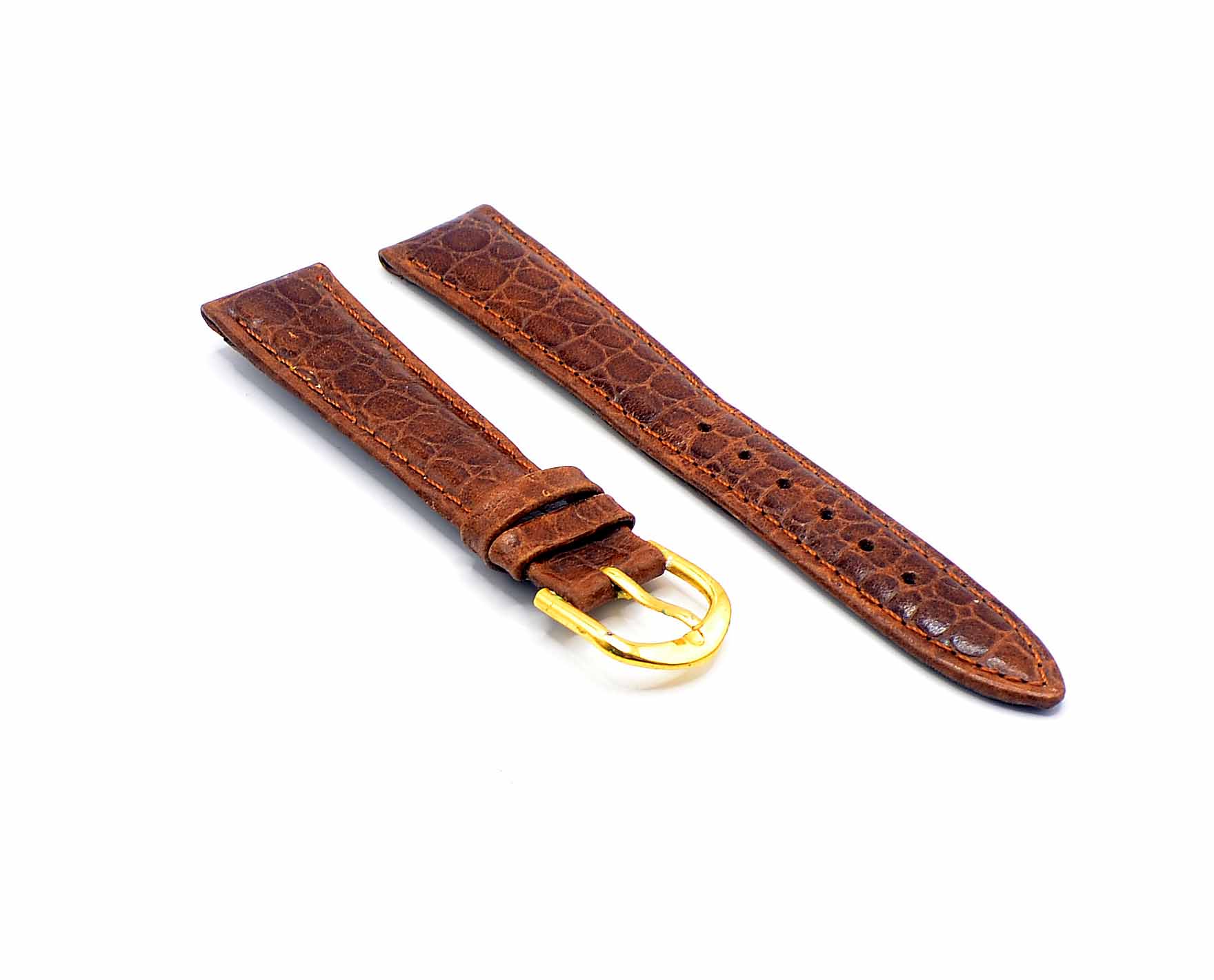 Front view of a classic brown leather watch strap with a gold buckle, showcasing genuine leather finish and crocodile texture.