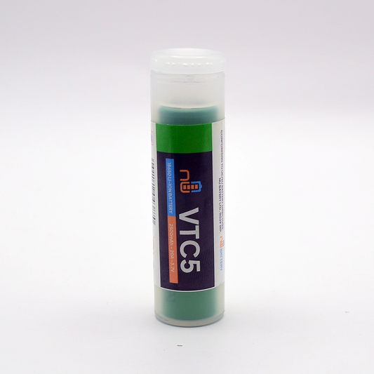 VTC5 18650 Battery in green casing with protective storage tube.