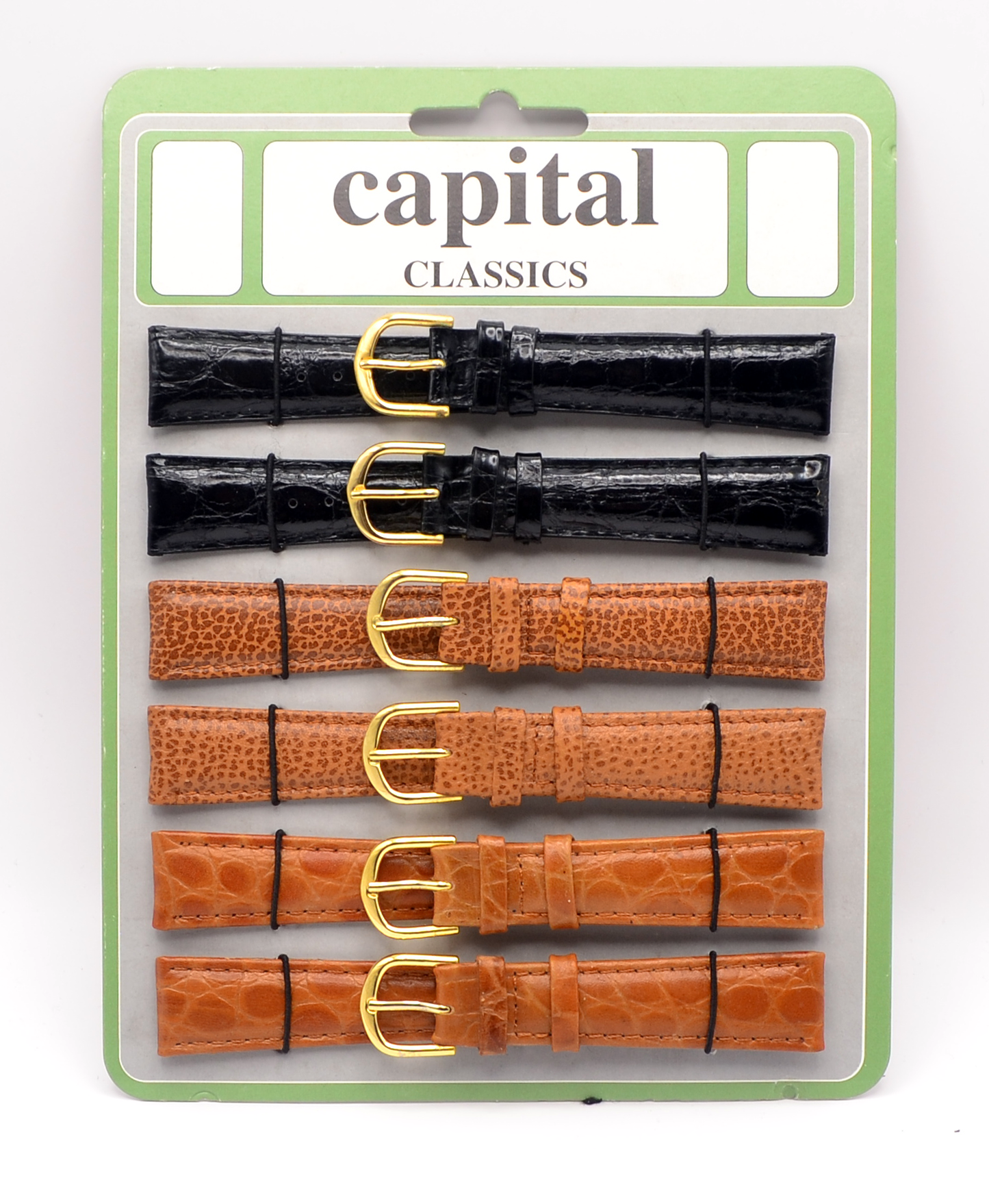 Packaging of six Capital Classics watch straps in assorted colours, including black, brown, and tan, with gold buckles.