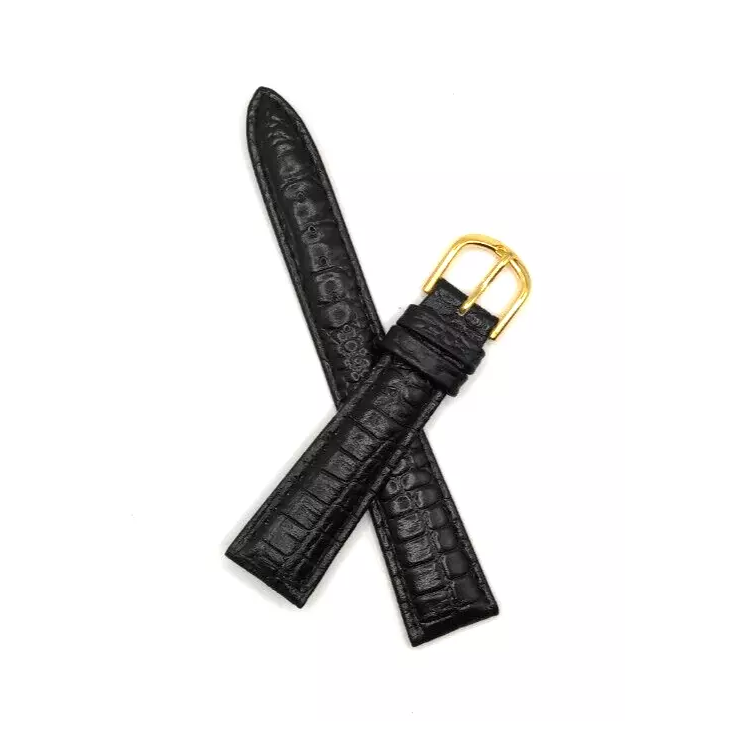 Black leather watch strap with a gold buckle, alligator pattern, top view.