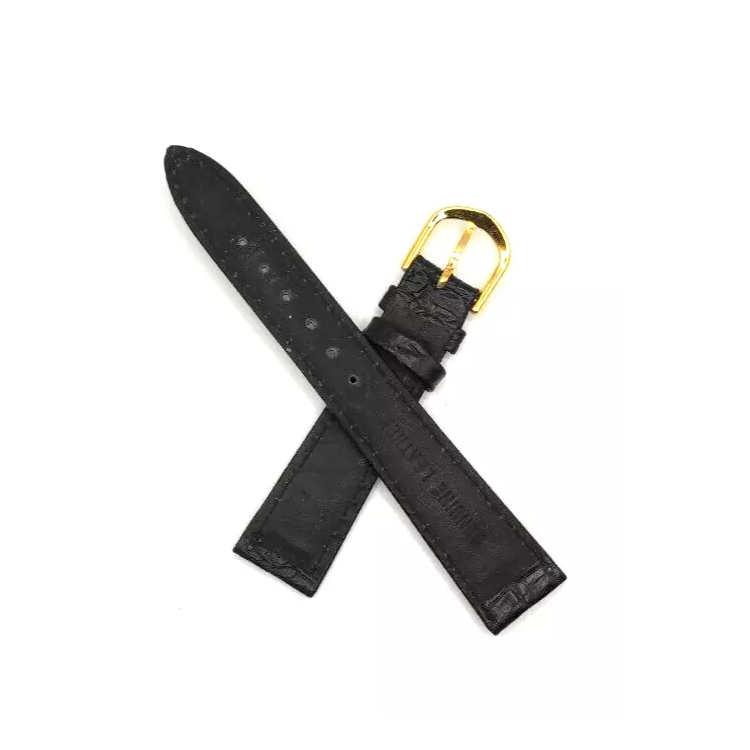 Black leather watch strap with a gold buckle, underside showing genuine leather marking.