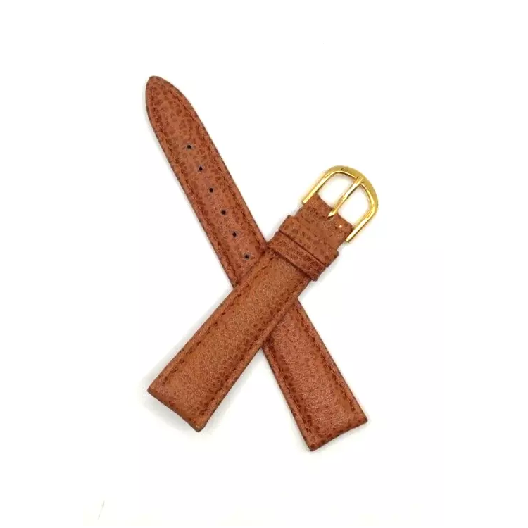 Brown textured leather watch strap with a gold buckle, top view.