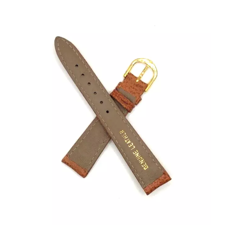 Brown textured leather watch strap with a gold buckle, underside showing genuine leather marking.