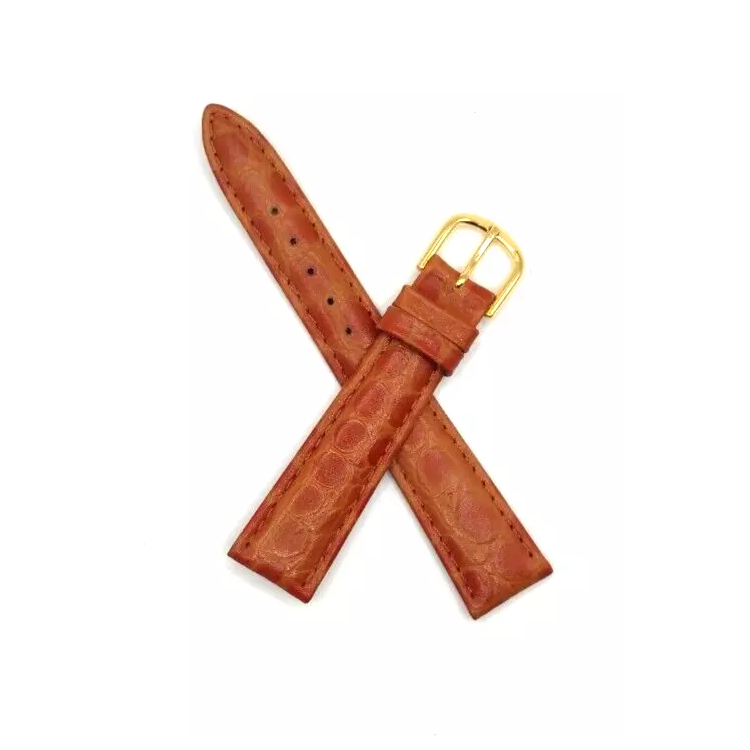 Tan alligator-style leather watch strap with a gold buckle, top view.