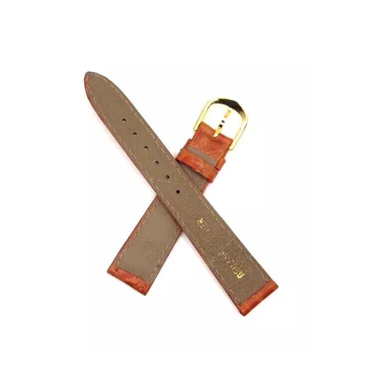 Tan alligator-style leather watch strap with a gold buckle, underside showing genuine leather marking.