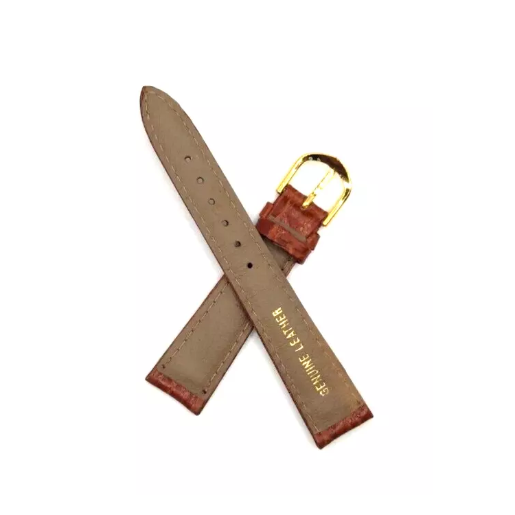 Brown leather watch strap showing underside with genuine leather marking.