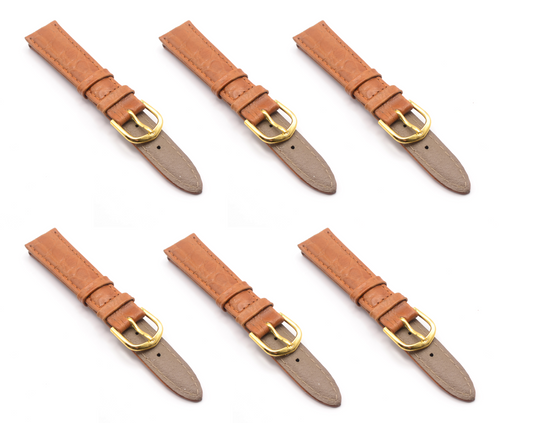 Job lot of 6 tan leather watch straps with gold buckles, arranged neatly in rows.