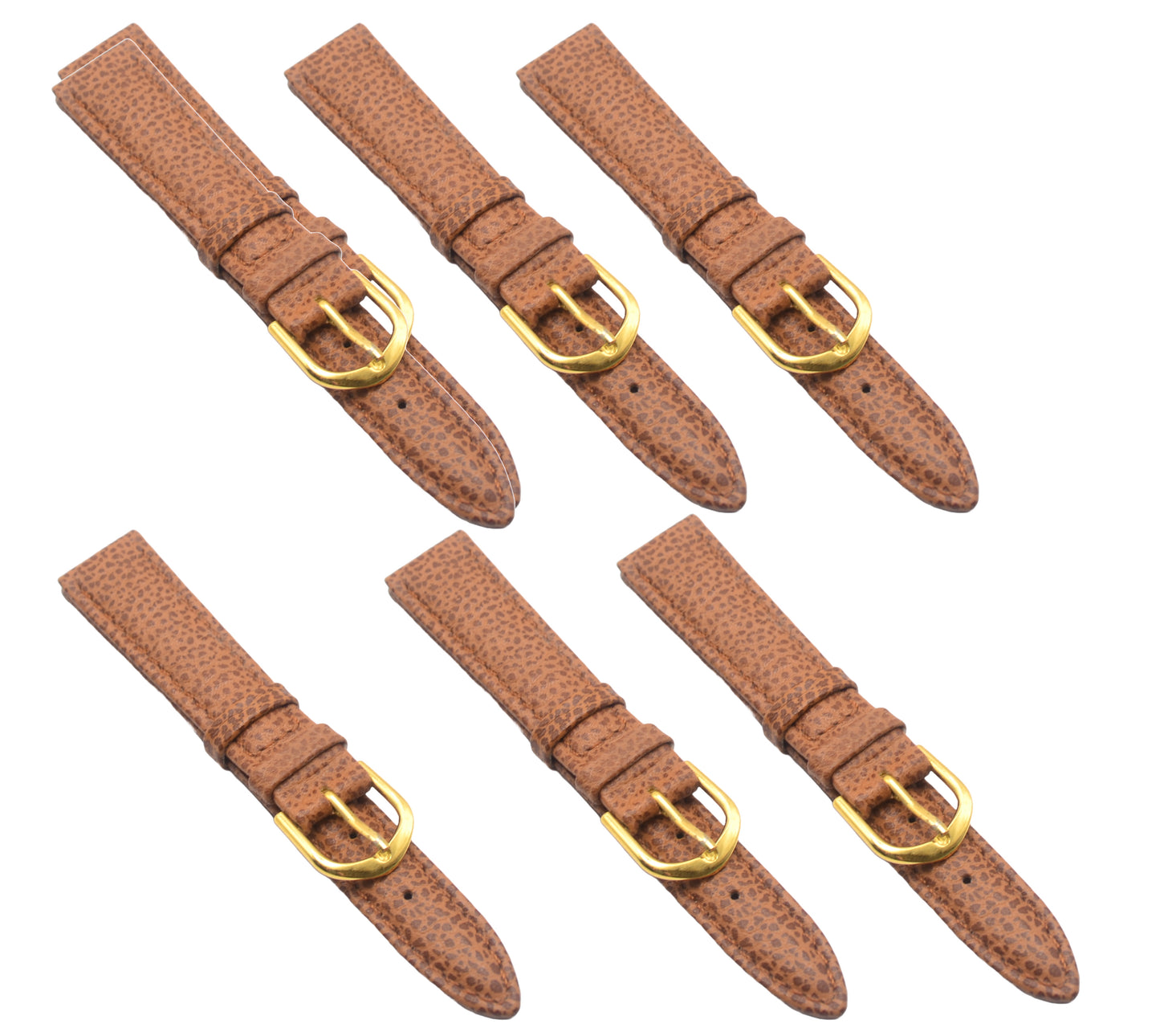 Set of 6 tan leather lizard-pattern watch straps with gold buckles.