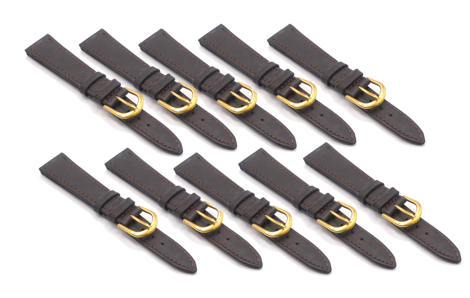 Value job lot of 10 brown leather watch straps with gold buckle - top view.