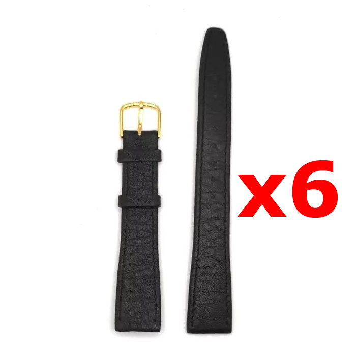 Black leather watch strap with gold buckle, 18mm lug width, shown as part of a bulk pack of 6.