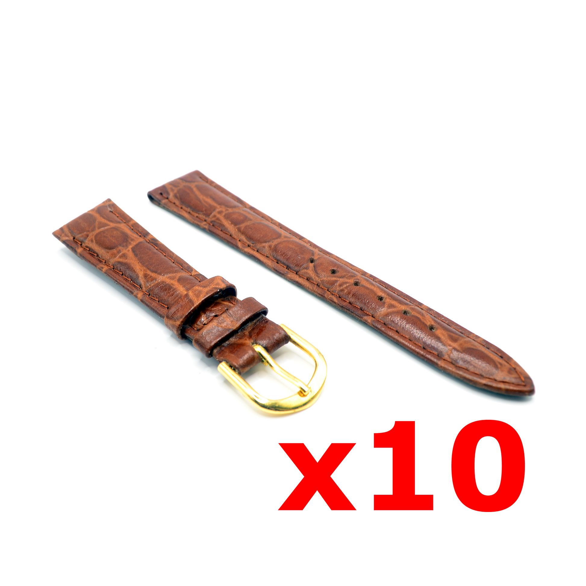 Brown leather watch strap with gold buckle, 18mm lug width, crocodile pattern texture