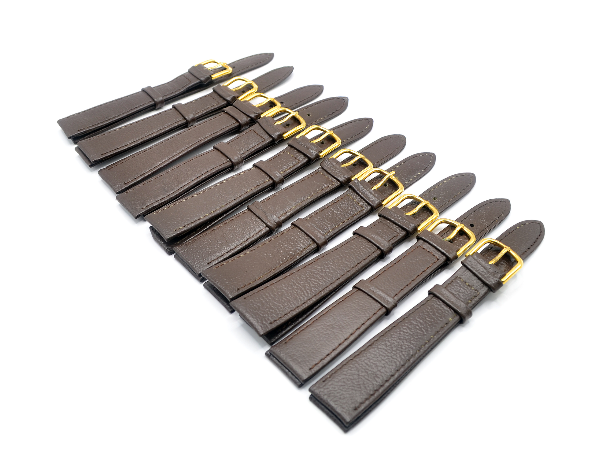 A pack of 10 brown genuine leather watch straps, each with contrast stitching and a polished gold buckle. The straps are neatly arranged, showcasing their 18mm width and approximately 198mm/144mm length.