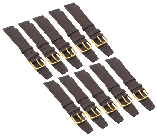 A pack of 10 brown genuine leather watch straps, each with contrast stitching and a polished gold-plated buckle. The straps are neatly arranged and designed to fit watches with an 18mm lug width. Approximate dimensions are 114mm for the long piece and 85mm for the short piece, with a thickness of 2.2mm.