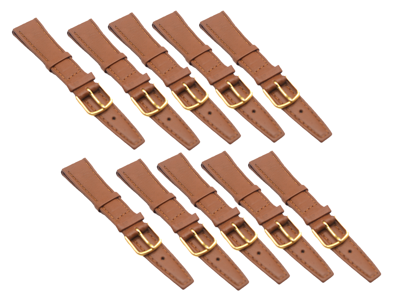 A pack of 10 tan genuine leather watch straps, each featuring elegant contrast stitching and polished gold buckles. The straps are neatly arranged, showcasing their high-quality craftsmanship and classic design, suitable for watches with an 18mm lug width.