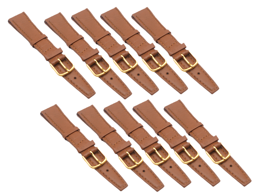 A pack of 10 tan genuine leather watch straps, each featuring elegant contrast stitching and polished gold buckles. The straps are neatly arranged, showcasing their high-quality craftsmanship and classic design, suitable for watches with an 18mm lug width.