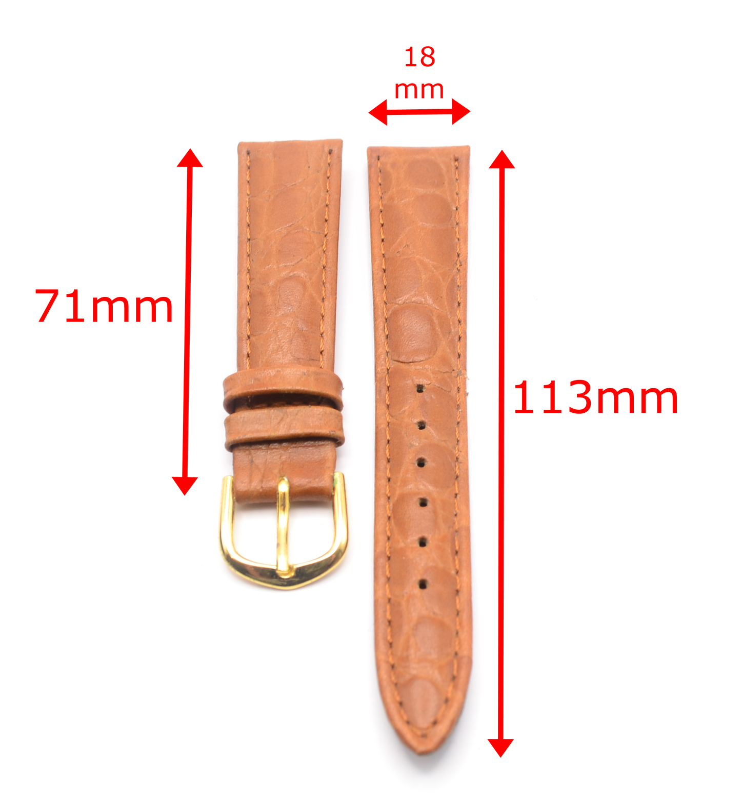 Measurements of tan leather watch strap pieces in millimetres, showing 18mm lug width, 113mm long piece, and 71mm short piece.