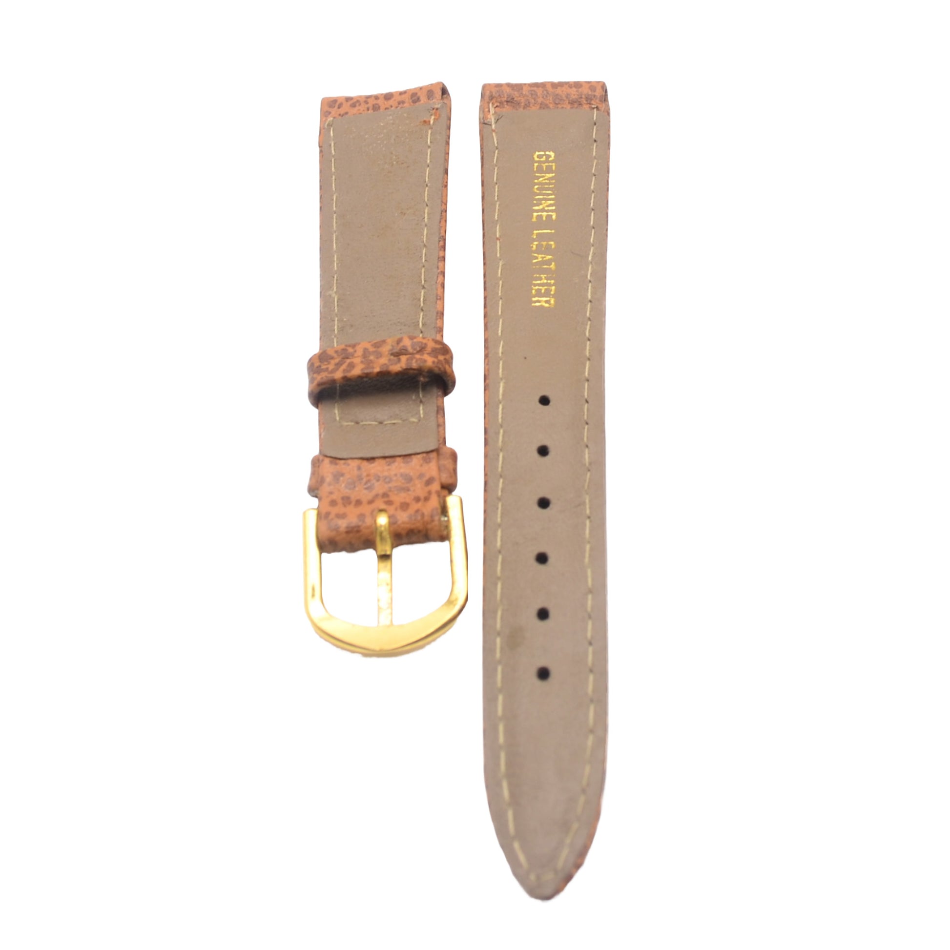 Back view of 18mm tan leather watch strap showing “Genuine Leather” stamp.