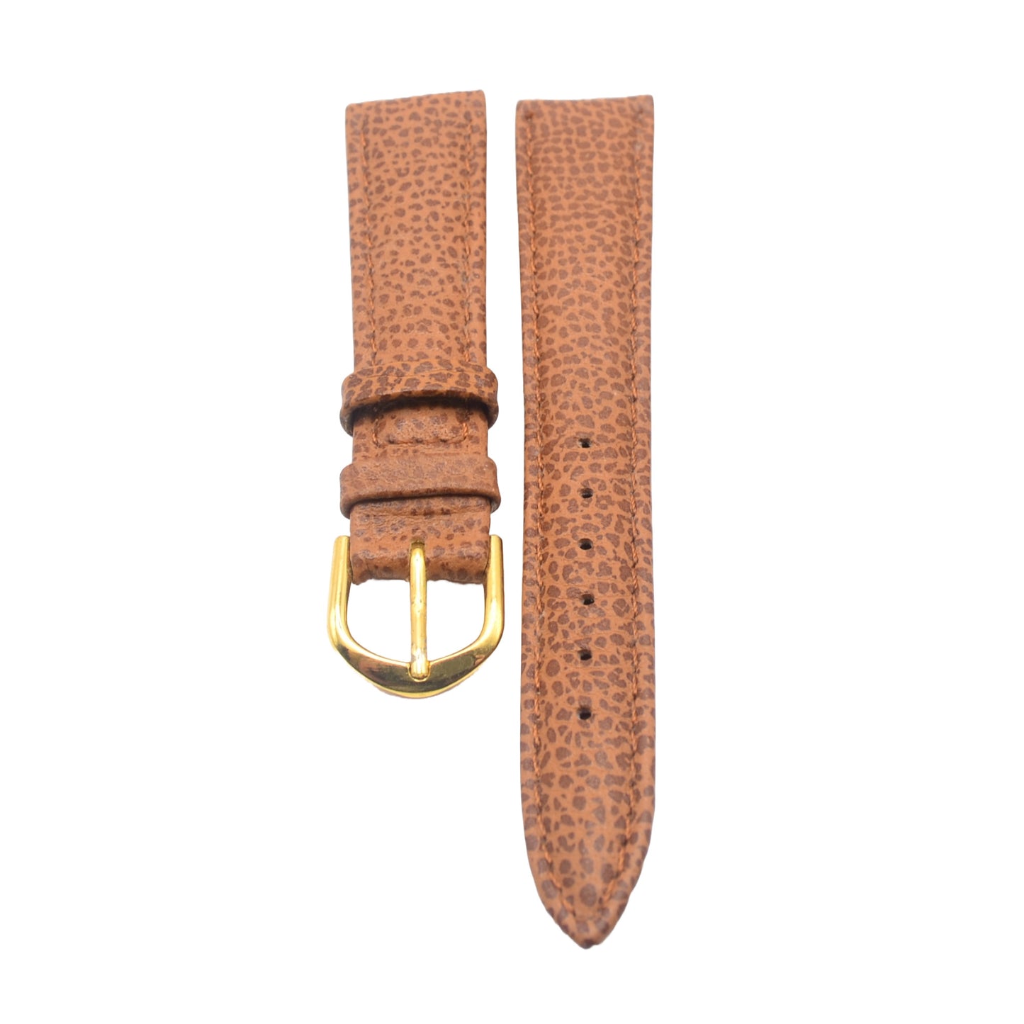 Front view of 18mm tan leather lizard-pattern watch strap with gold buckle.