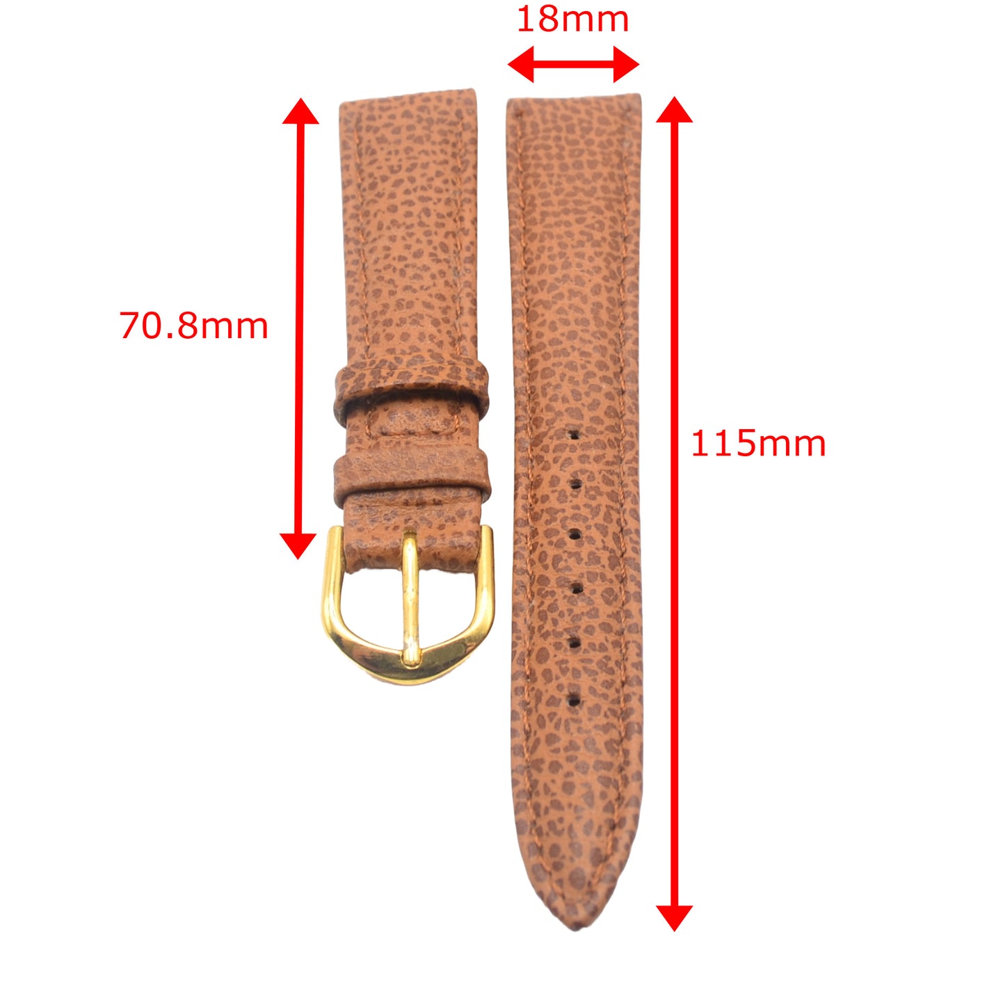 Annotated image showing dimensions of 18mm tan leather watch strap, including long and short piece lengths.