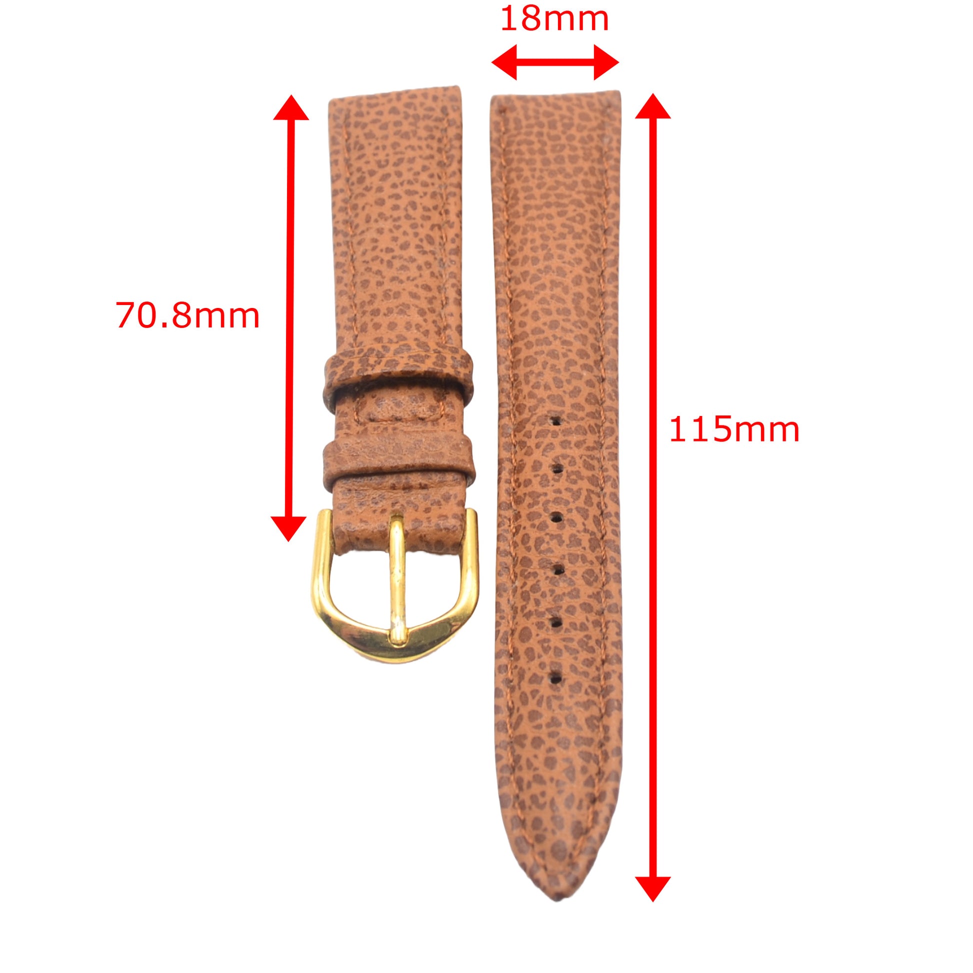 Annotated image showing dimensions of 18mm tan leather watch strap, including long and short piece lengths.