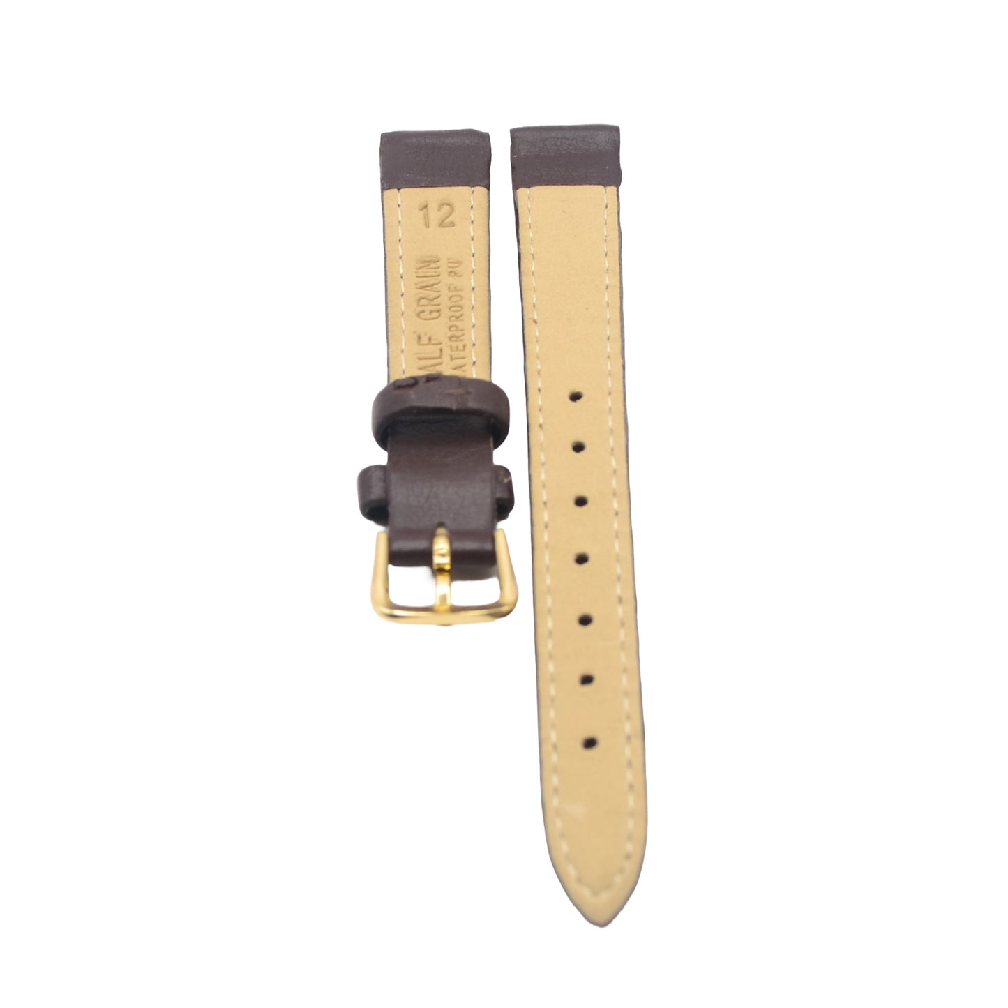 Close-up of Gold Buckle on Brown PU Leather Watch Strap