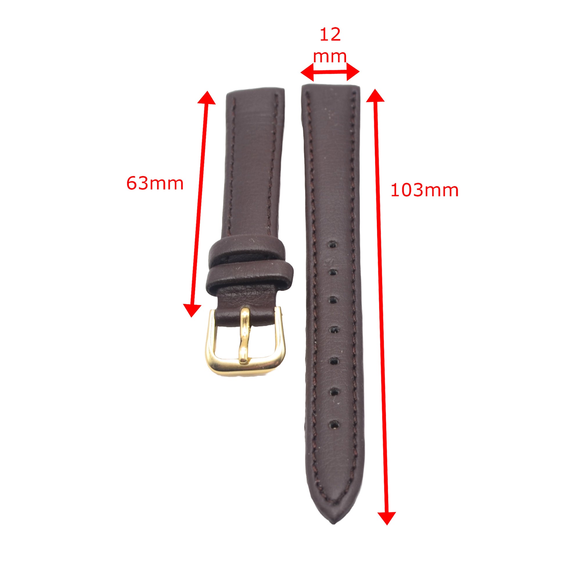 12mm Brown PU Leather Watch Strap with measurement details