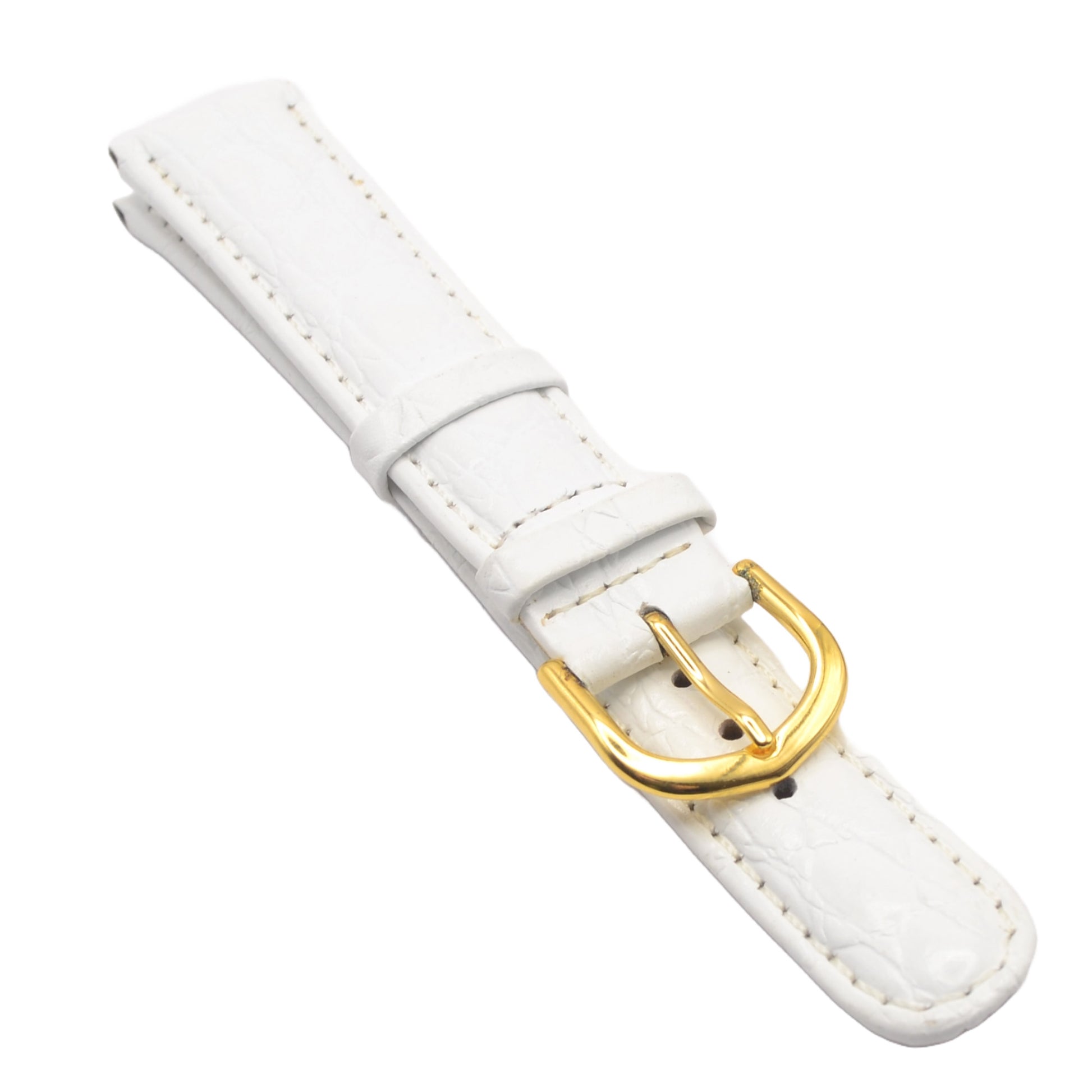 White leather padded watch strap with gold buckle - front view.