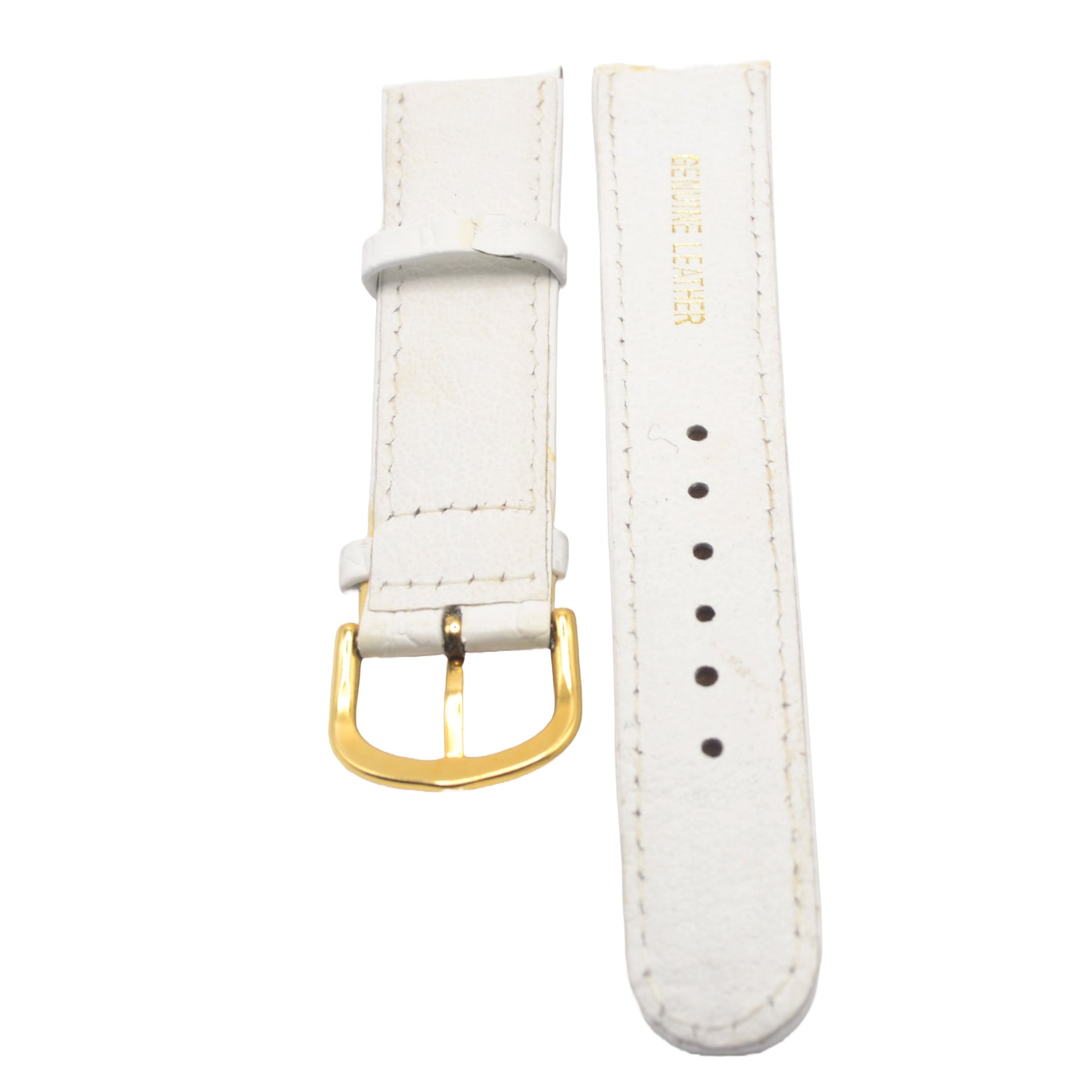 Back view of white leather watch strap, featuring "Genuine Leather" stamp.