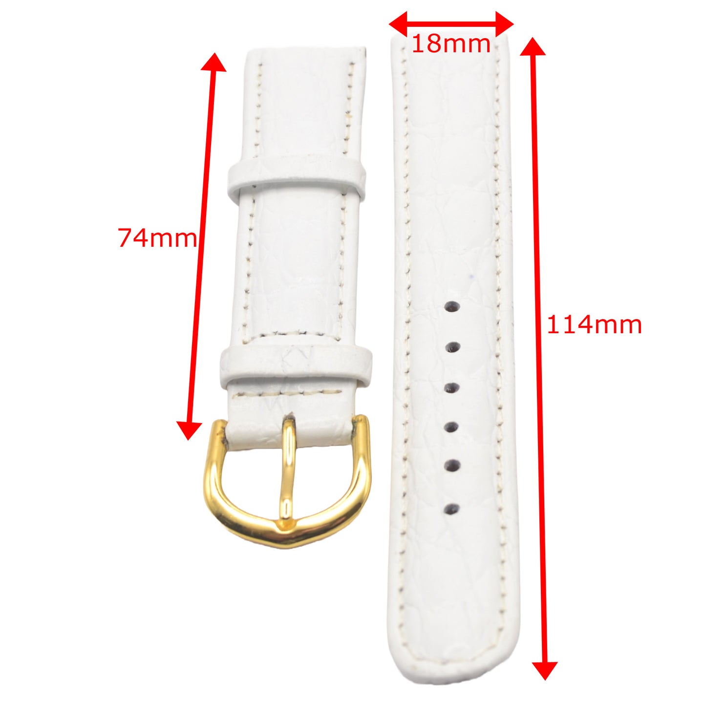 White leather padded watch strap with dimensions marked - 114mm, 74mm, 18mm lug width.