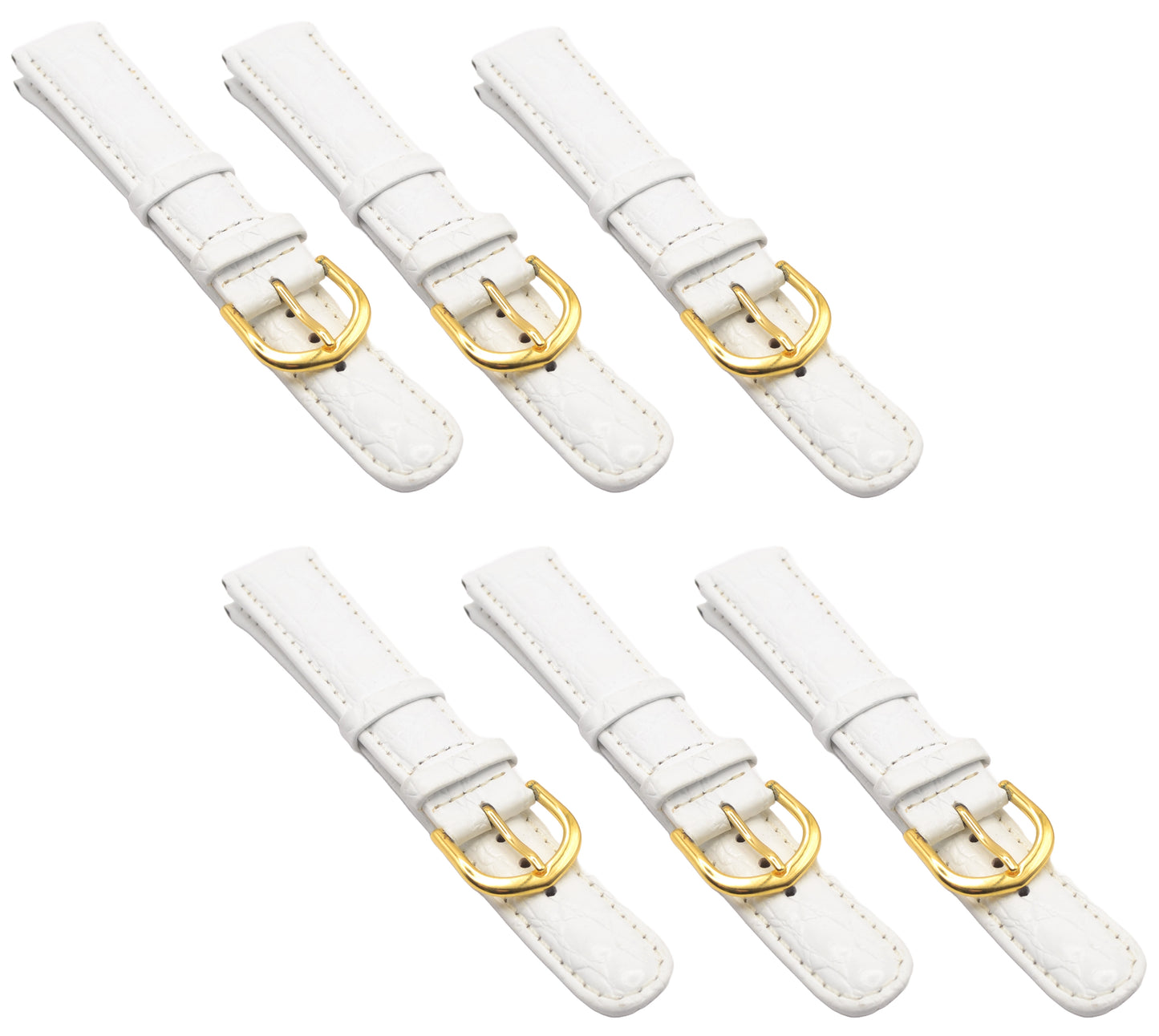 Job lot of 6 white leather padded watch straps with gold buckle - top view.