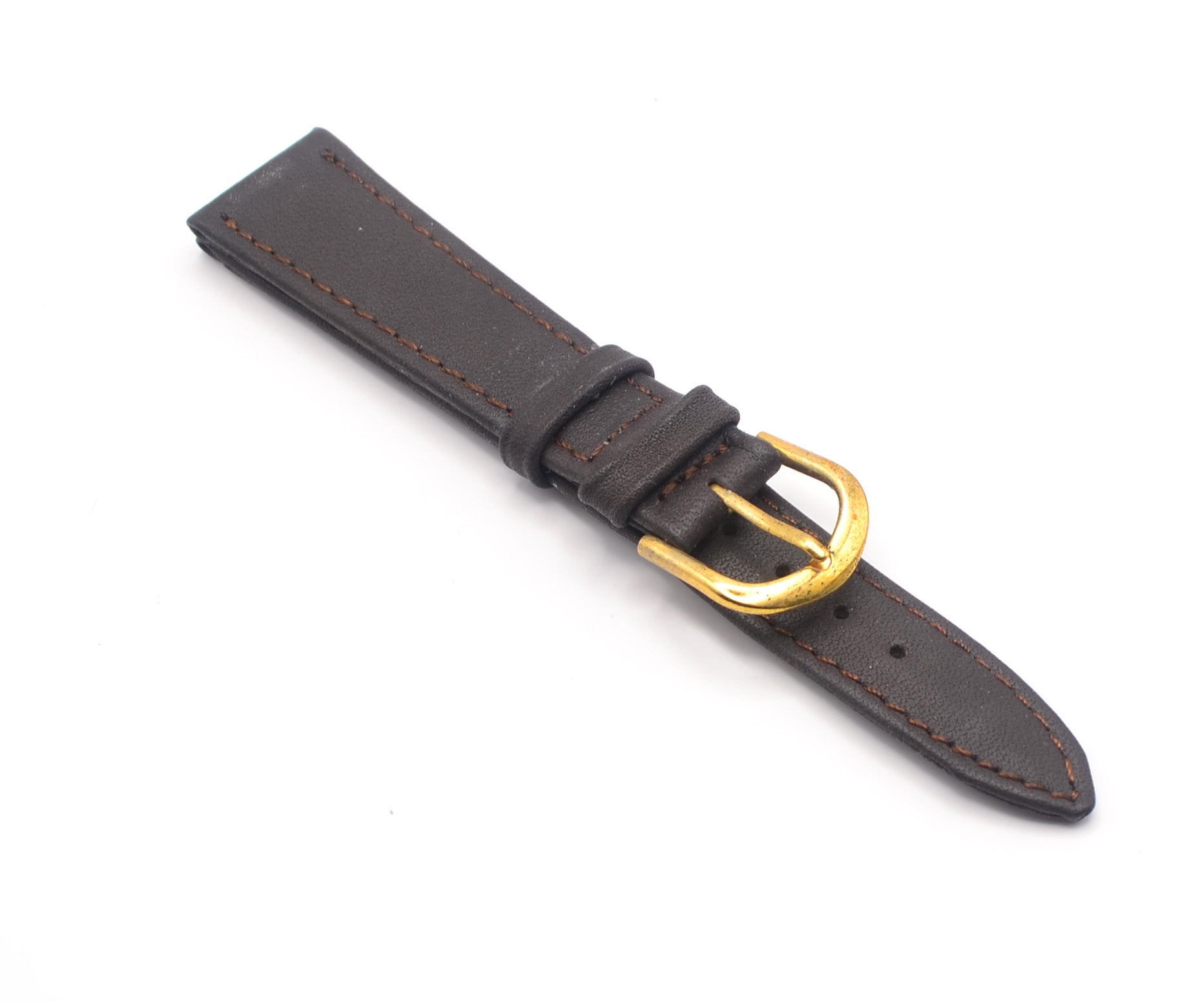 Brown leather watch strap with gold buckle - front view.