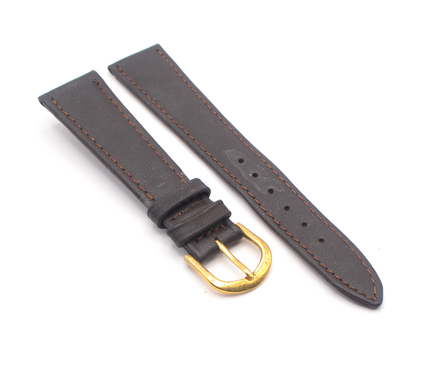 Brown leather watch strap assembled with gold buckle - side view.