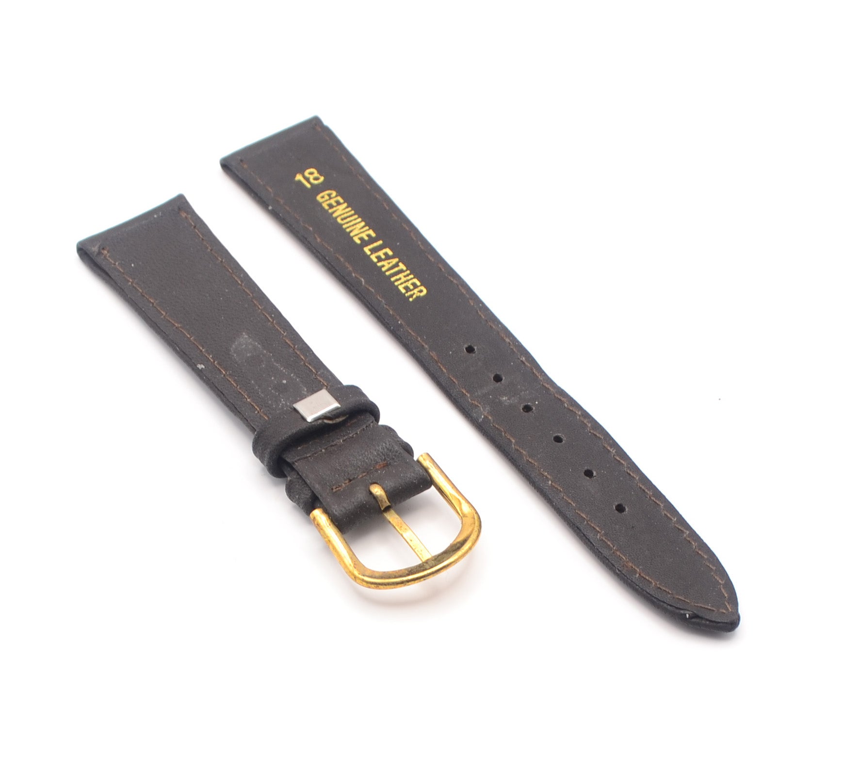 Brown leather watch strap with gold buckle, showing inner side.