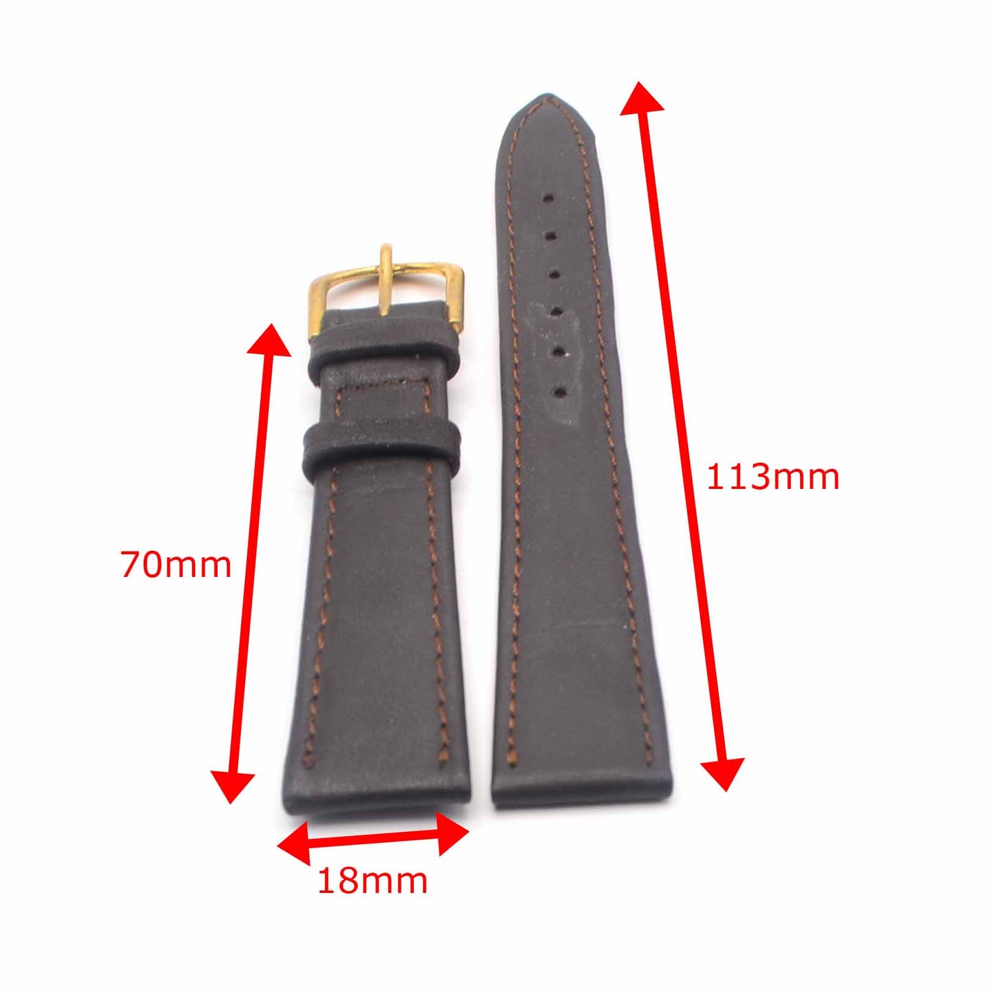 Brown leather watch strap with dimensions marked - 113mm and 70mm.