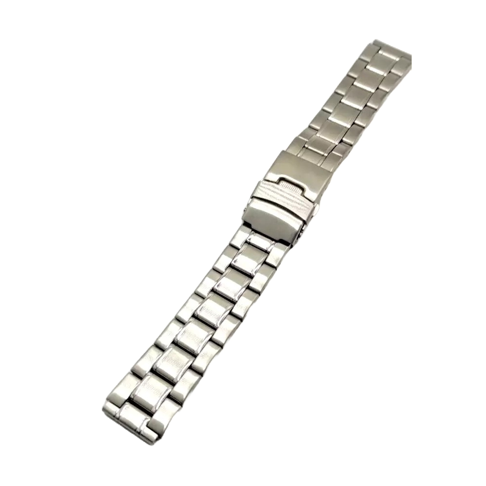 Stainless steel watch strap with fold clasp - top view.