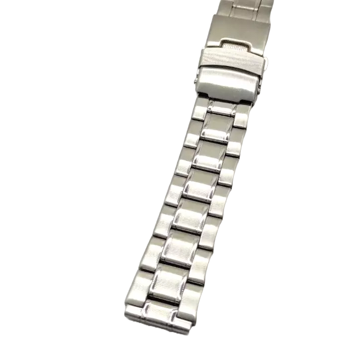 Stainless steel watch strap with fold clasp - top view.