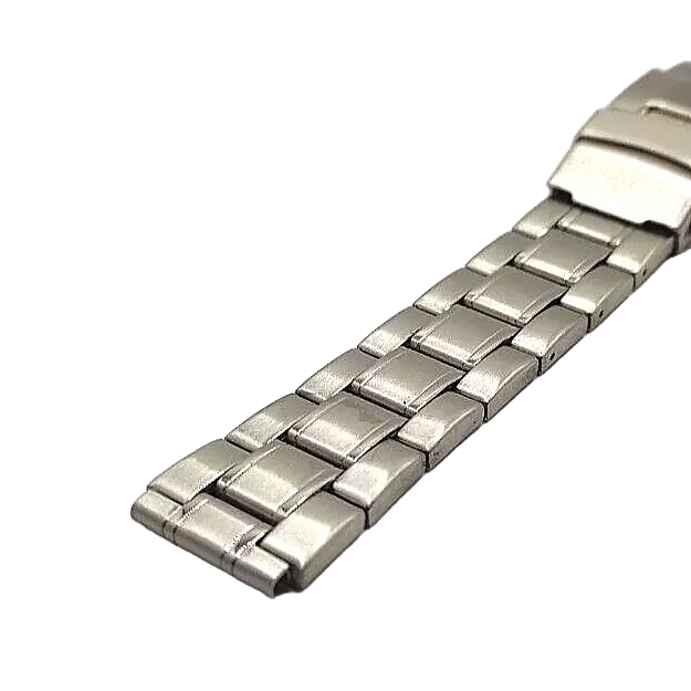 Stainless steel watch strap with fold clasp - angled view.