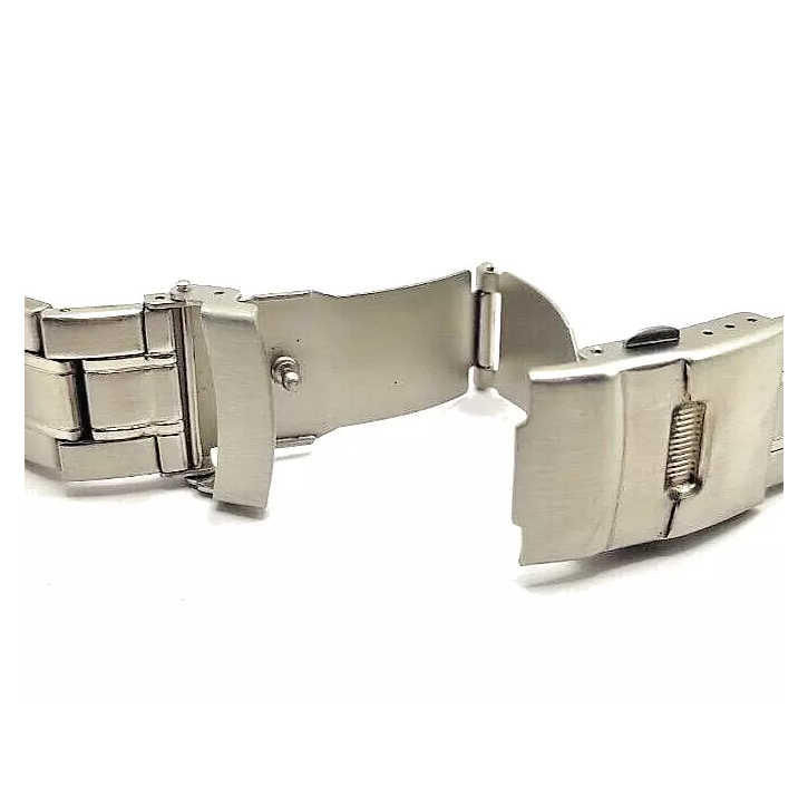 Stainless steel watch strap with clasp open - inner view.