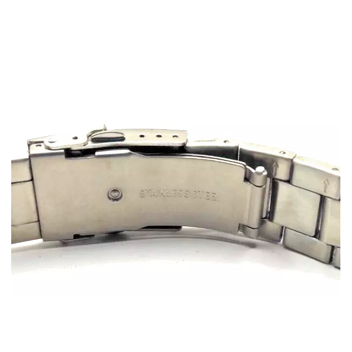 Stainless steel watch strap showing clasp mechanism - detailed view.