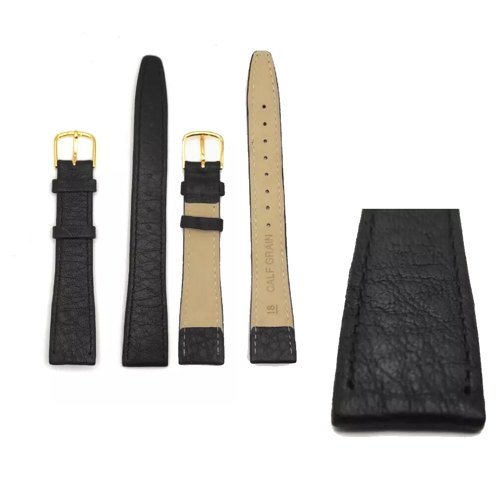 Front and back view of black leather watch strap with gold buckle, showcasing calf grain leather and high-quality craftsmanship.